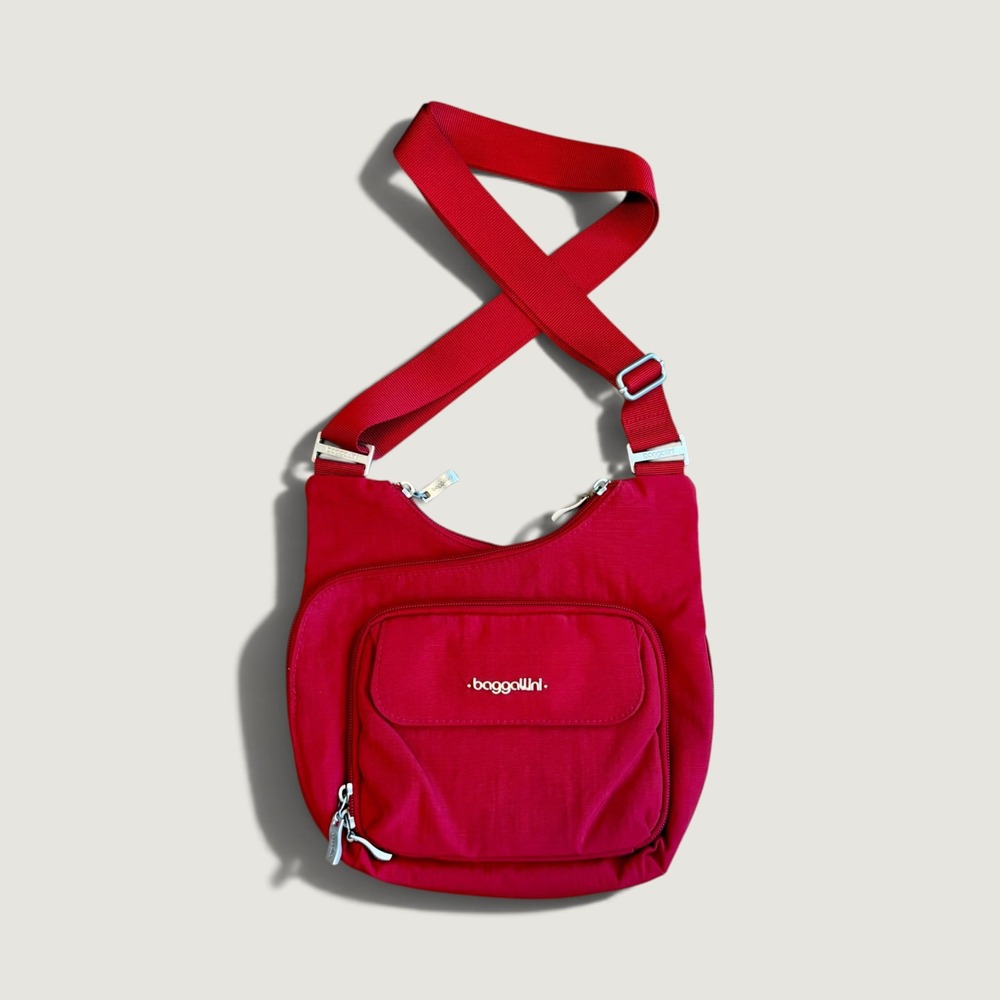 Baggallini Criss Cross Crossbody Bag Red Nylon Travel Purse Multi-Pocket